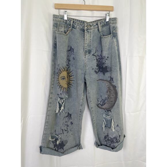Unbranded Denim - Sun & Moon Distressed Wide Leg Jeans Size M Vintage Wash Celestial Grunge Hippie